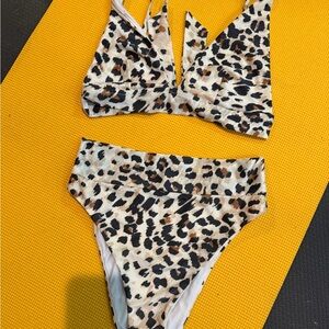 aerie Leopard Print Bikini Set in Black, Brown, Cream